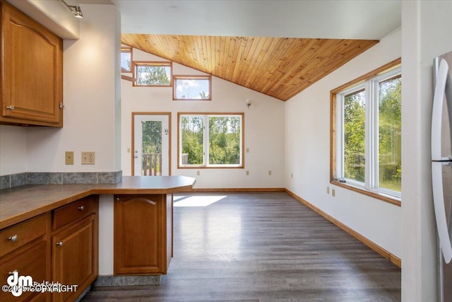 14184 W Jojoba Rd, Big Lake, AK 99623 - kitchen featuring lofted ceiling, dark wood-type flooring, brown cabinets, wood ceiling, and baseboards