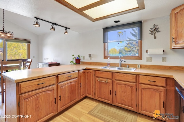 4230 Woronzof Dr # D, Anchorage, AK 99517 - kitchen with a sink, rail lighting, a peninsula, and light countertops