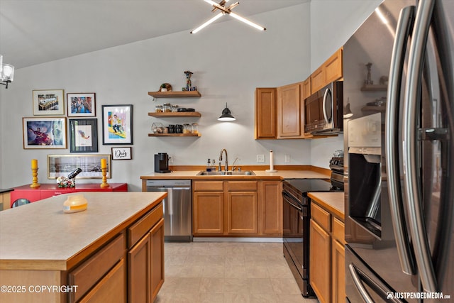 kitchen with stainless steel appliances, a sink, light countertops, open shelves, and lofted ceiling