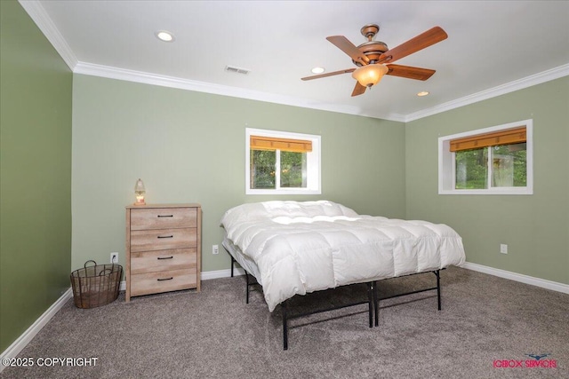 2750 E Whispering Woods Dr, Wasilla, AK 99654 - bedroom with ornamental molding, carpet floors, recessed lighting, baseboards, and ceiling fan