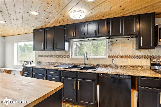 kitchen featuring dishwasher, a sink, healthy amount of natural light, backsplash, and wooden ceiling