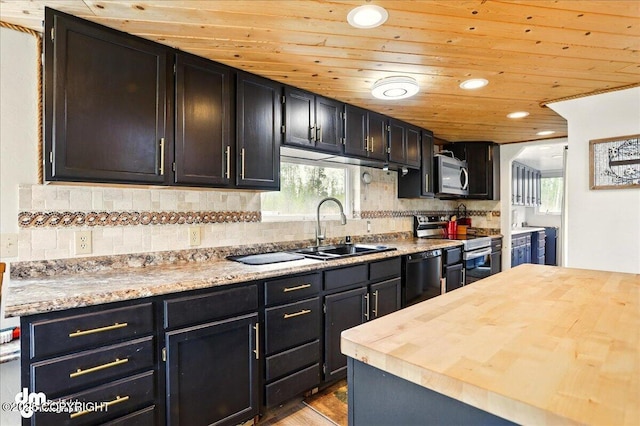 kitchen featuring appliances with stainless steel finishes, a sink, wood ceiling, wood counters, and decorative backsplash