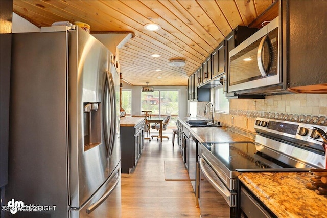 kitchen with stainless steel appliances, wooden ceiling, a sink, light wood-style flooring, and recessed lighting