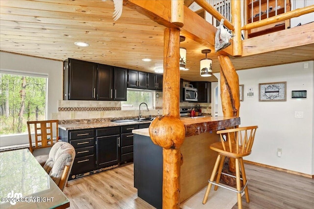 kitchen with a sink, light wood-type flooring, decorative backsplash, stainless steel microwave, and plenty of natural light
