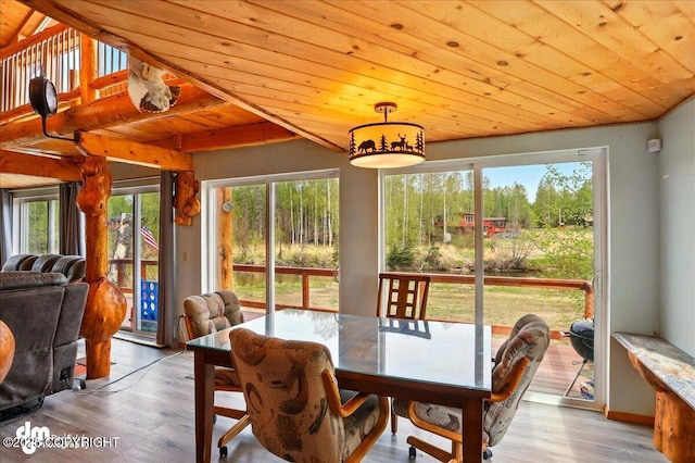 dining area with wood ceiling and wood finished floors