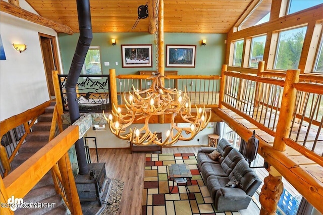 living room with a wood stove, vaulted ceiling, wood ceiling, a chandelier, and healthy amount of natural light