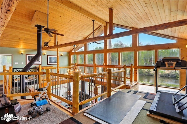 workout room featuring ceiling fan, wood ceiling, high vaulted ceiling, a water view, and plenty of natural light