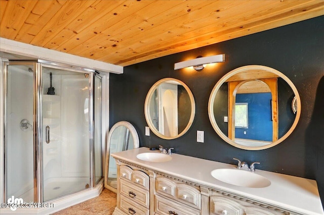 bathroom with wood ceiling, a shower stall, and double vanity