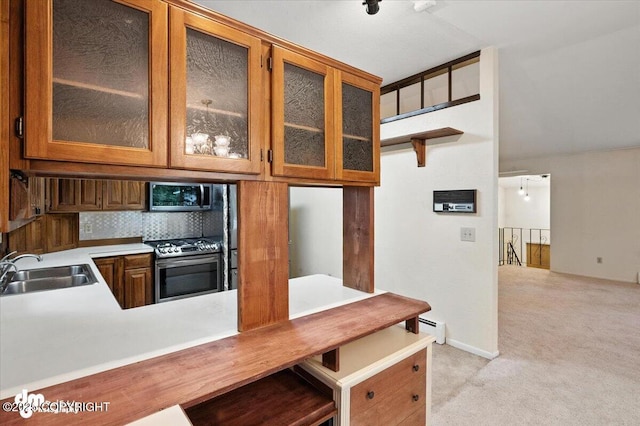 3337 Madison Way, Anchorage, AK 99508 - kitchen with stainless steel appliances, light carpet, baseboard heating, open shelves, and decorative backsplash