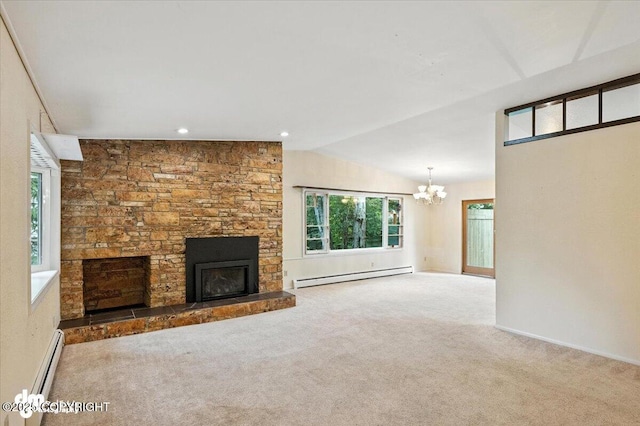 3337 Madison Way, Anchorage, AK 99508 - unfurnished living room featuring a baseboard heating unit, a chandelier, baseboard heating, lofted ceiling, and a stone fireplace