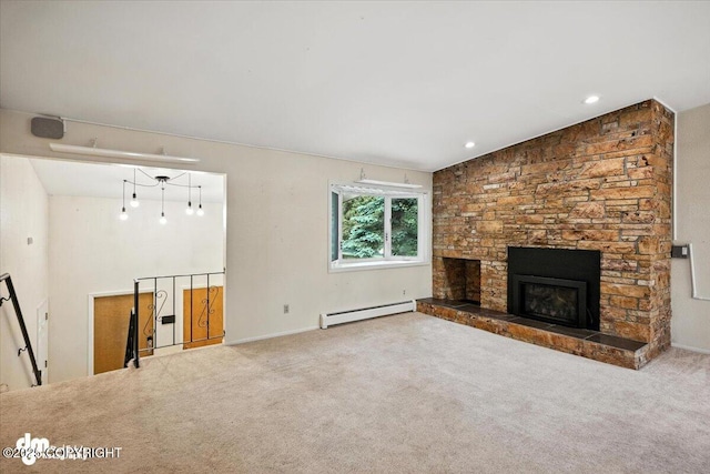 3337 Madison Way, Anchorage, AK 99508 - unfurnished living room with a baseboard heating unit, a stone fireplace, and carpet