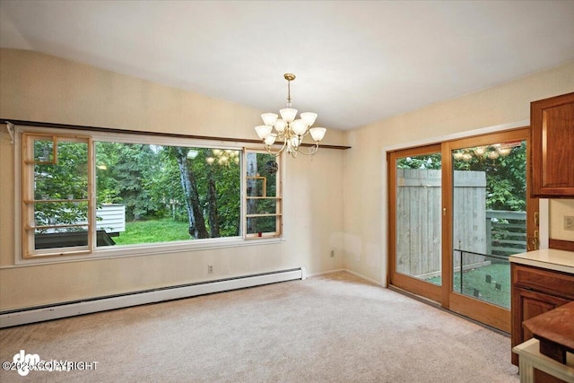 3337 Madison Way, Anchorage, AK 99508 - unfurnished room featuring a baseboard radiator, healthy amount of natural light, a chandelier, and light carpet