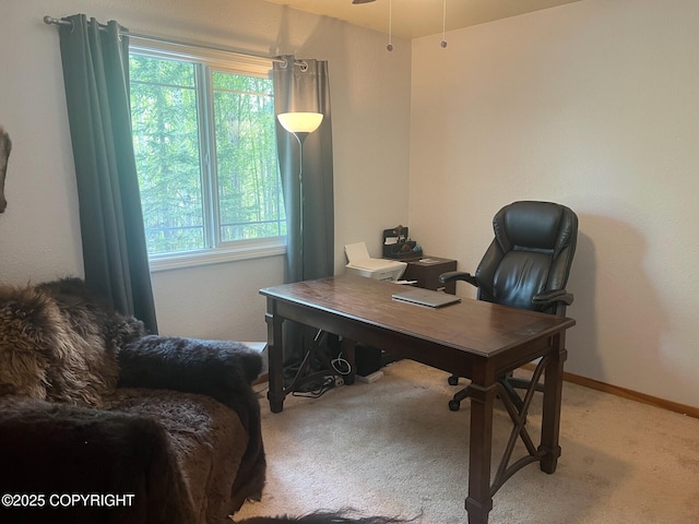 21675 Sheltering Spruce Loop, Chugiak, AK 99567 - home office with light carpet, plenty of natural light, baseboards, and a ceiling fan