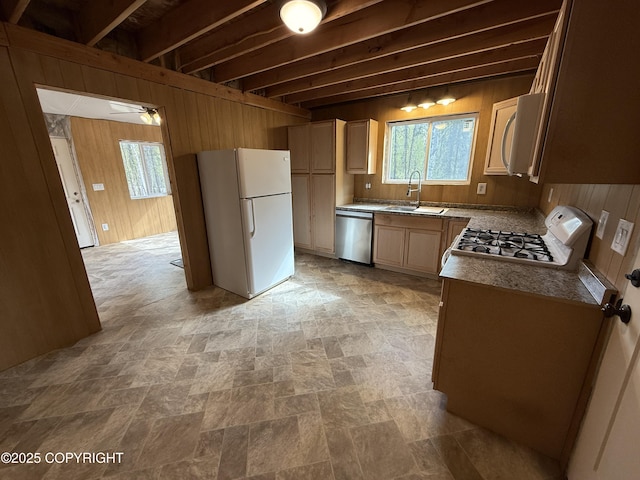 26155 W Long Lake Rd, Willow, AK 99688 - kitchen featuring white appliances, a sink, wood walls, stone finish floors, and ceiling fan