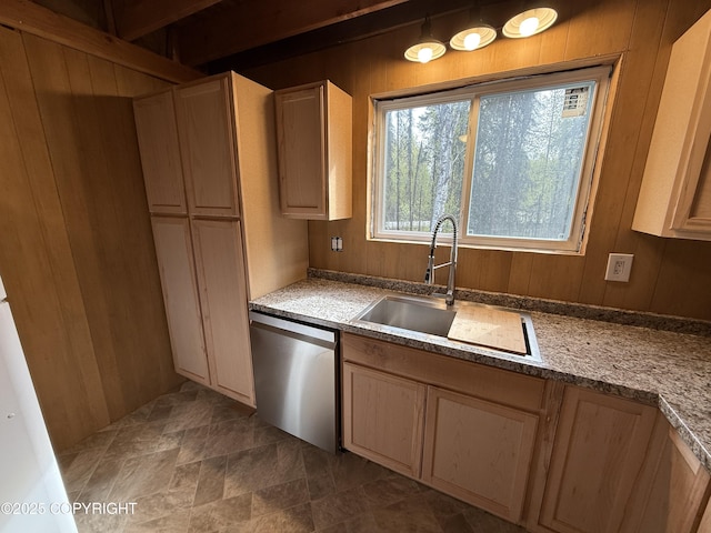 26155 W Long Lake Rd, Willow, AK 99688 - kitchen with dishwasher, a sink, and wood walls