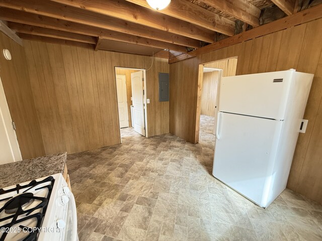 26155 W Long Lake Rd, Willow, AK 99688 - kitchen featuring white appliances, electric panel, and wood walls