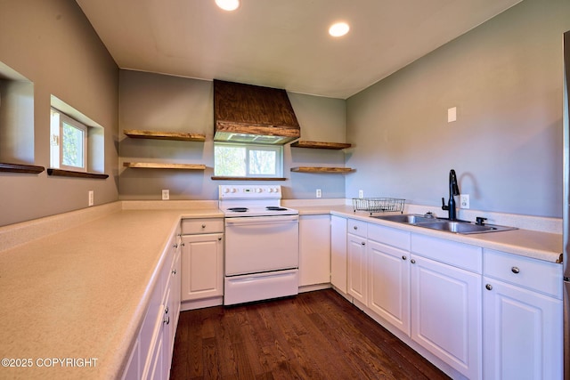 3625 W Hill Rd, Homer, AK 99603 - kitchen featuring open shelves, electric stove, custom exhaust hood, a sink, and recessed lighting