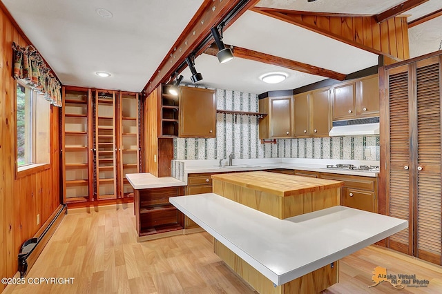 20811 Eagle River Rd, Eagle River, AK 99577 - kitchen with a baseboard radiator, a sink, under cabinet range hood, light wood-style flooring, and a center island