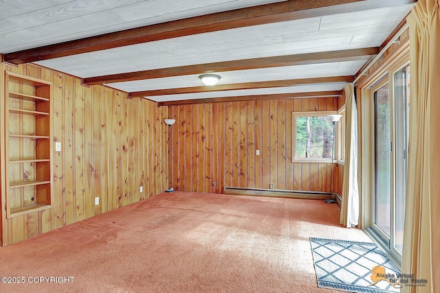 20811 Eagle River Rd, Eagle River, AK 99577 - unfurnished room featuring beamed ceiling, baseboard heating, carpet floors, and wood walls