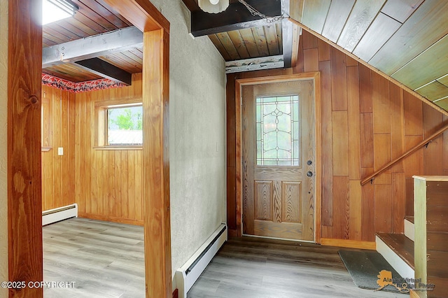 20811 Eagle River Rd, Eagle River, AK 99577 - foyer featuring a baseboard radiator, wooden ceiling, wood walls, wood finished floors, and baseboards