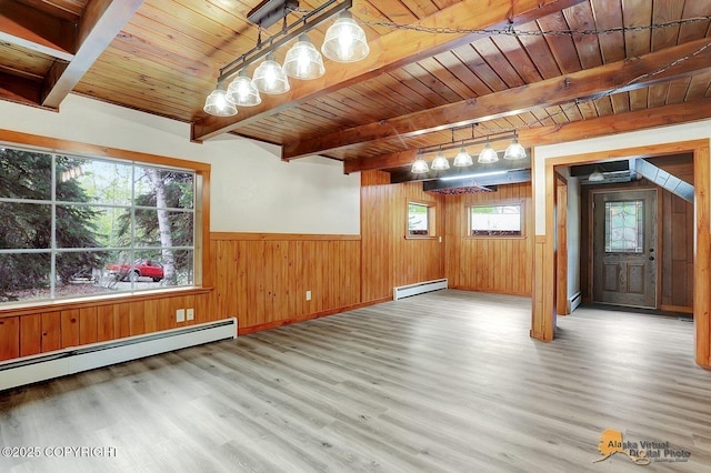 20811 Eagle River Rd, Eagle River, AK 99577 - unfurnished room with baseboard heating, a baseboard radiator, beamed ceiling, wood ceiling, and wood finished floors