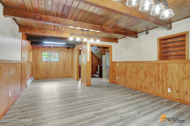 20811 Eagle River Rd, Eagle River, AK 99577 - below grade area featuring a baseboard radiator, wood finished floors, stairs, wooden walls, and wood ceiling