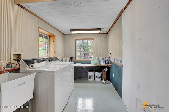 20811 Eagle River Rd, Eagle River, AK 99577 - clothes washing area featuring separate washer and dryer and crown molding