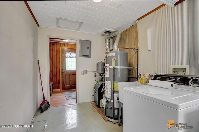 20811 Eagle River Rd, Eagle River, AK 99577 - laundry room featuring washer / dryer, water heater, electric panel, ornamental molding, and a heating unit