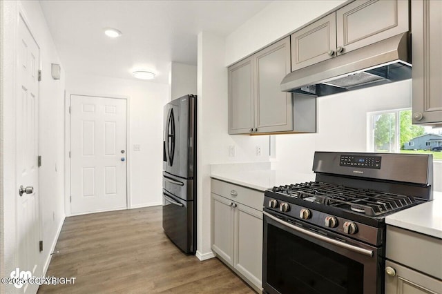 961 E Dellwood St, Wasilla, AK 99654 - kitchen featuring stainless steel appliances, under cabinet range hood, gray cabinets, light countertops, and light wood-type flooring