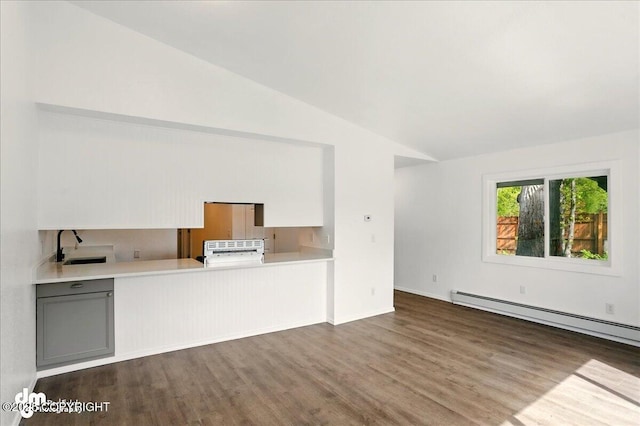 961 E Dellwood St, Wasilla, AK 99654 - unfurnished living room featuring lofted ceiling, wood finished floors, a baseboard radiator, a sink, and baseboards