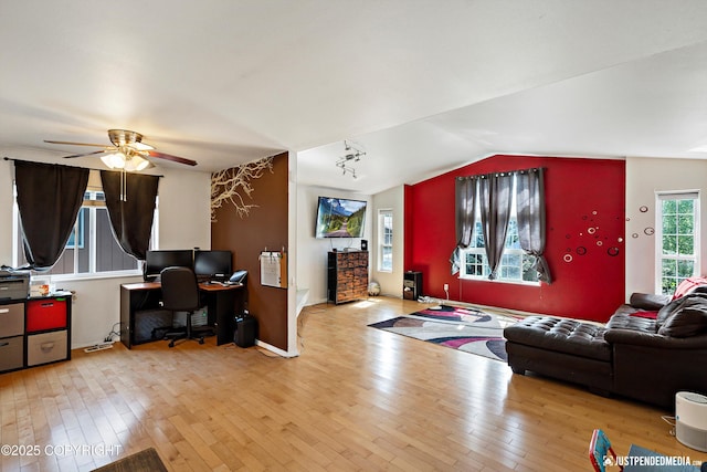 1957 Terrebonne Loop, Anchorage, AK 99502 - living room featuring hardwood / wood-style floors, a ceiling fan, an office area, and vaulted ceiling