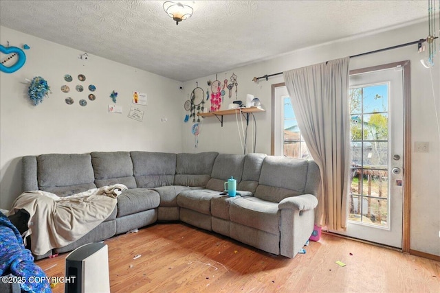 living area featuring light wood-style flooring and a textured ceiling