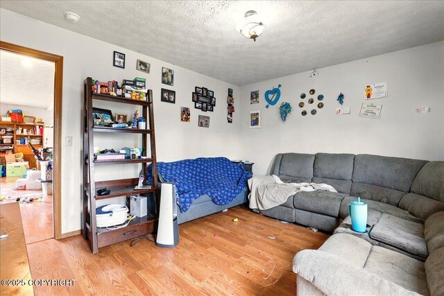 living room featuring light wood-type flooring and a textured ceiling
