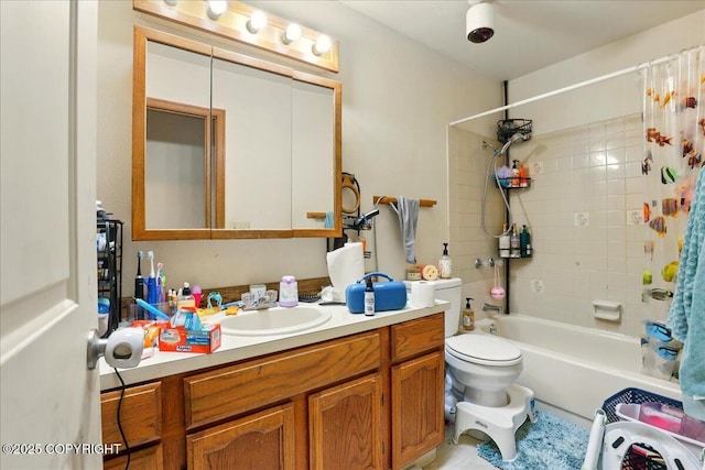 full bathroom with vanity, shower / bathtub combination with curtain, and toilet