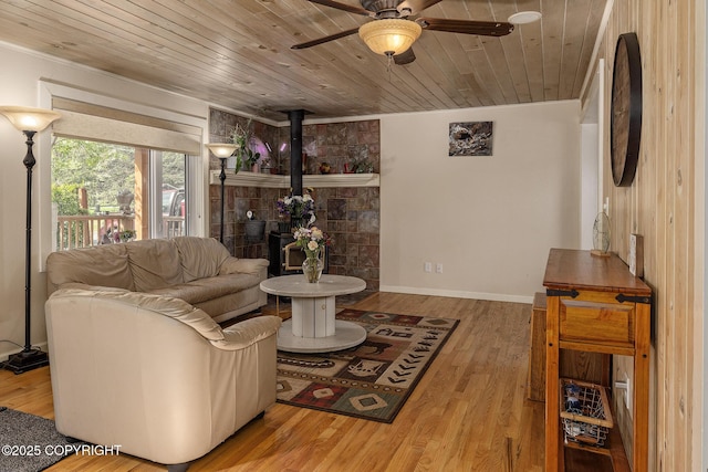 1061 E Agate Ln, Wasilla, AK 99654 - living room featuring ceiling fan, a wood stove, wood ceiling, and wood finished floors