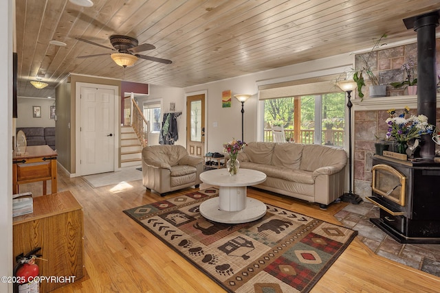 1061 E Agate Ln, Wasilla, AK 99654 - living area with a wood stove, stairway, wooden ceiling, wood finished floors, and a ceiling fan