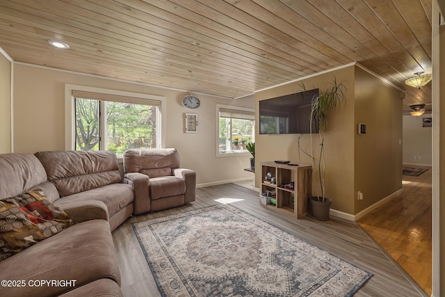 1061 E Agate Ln, Wasilla, AK 99654 - living area with crown molding, wood ceiling, baseboards, and wood finished floors