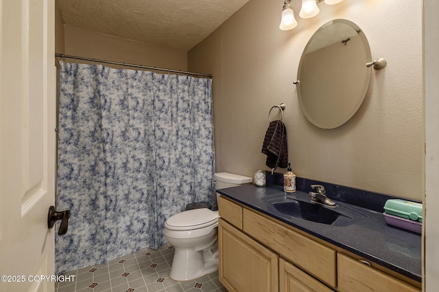 1061 E Agate Ln, Wasilla, AK 99654 - bathroom with vanity, a textured ceiling, toilet, and a shower with shower curtain