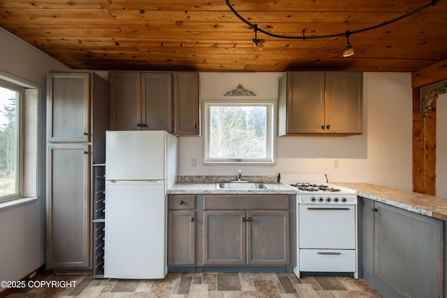 55851 Glenn Rd, Homer, AK 99603 - kitchen featuring white appliances, a sink, wooden ceiling, and plenty of natural light
