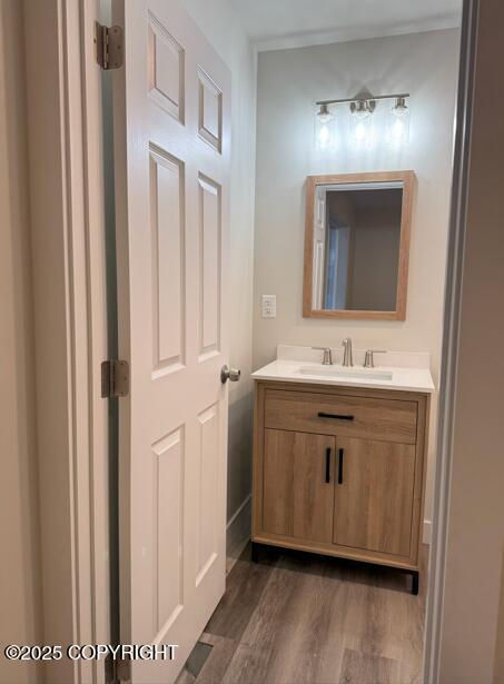 bathroom with wood finished floors and vanity