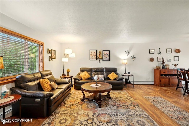 664 E Auklet Ave, Palmer, AK 99645 - living room featuring baseboard heating, a textured ceiling, wood finished floors, and a baseboard radiator