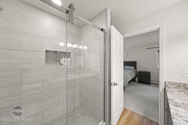 9224 Geese Cir, Eagle River, AK 99577 - ensuite bathroom featuring wood finished floors, a stall shower, a baseboard radiator, and vanity