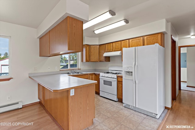 437 E 14th Ave, Anchorage, AK 99501 - kitchen featuring white appliances, a peninsula, under cabinet range hood, a baseboard radiator, and brown cabinetry