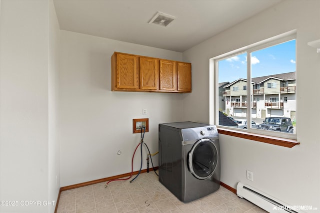 437 E 14th Ave, Anchorage, AK 99501 - washroom featuring a baseboard radiator, cabinet space, washer / clothes dryer, and baseboards