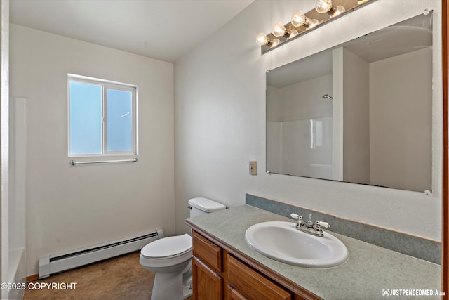 437 E 14th Ave, Anchorage, AK 99501 - bathroom with a baseboard radiator, toilet, a shower, and vanity