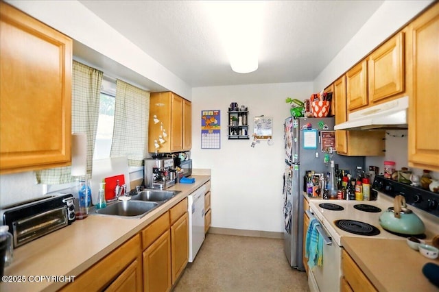 4109 Garfield St, Anchorage, AK 99503 - kitchen featuring under cabinet range hood, white appliances, a sink, and light countertops