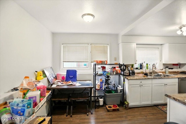 4109 Garfield St, Anchorage, AK 99503 - kitchen featuring a sink, white cabinets, dark wood-type flooring, and light stone countertops