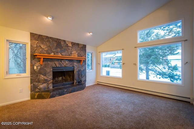 19404 Middleton Loop, Eagle River, AK 99577 - unfurnished living room featuring a baseboard heating unit, carpet flooring, a stone fireplace, high vaulted ceiling, and baseboards
