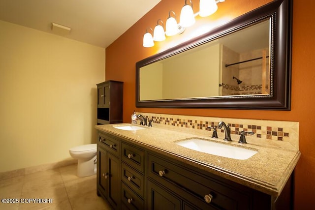 19404 Middleton Loop, Eagle River, AK 99577 - bathroom with toilet, tile patterned flooring, double vanity, and a shower