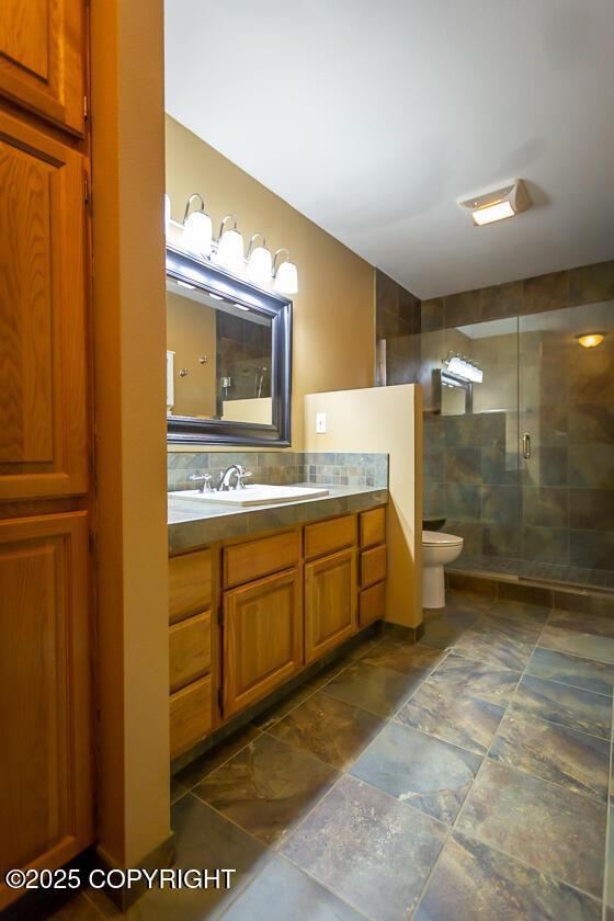 19404 Middleton Loop, Eagle River, AK 99577 - full bathroom featuring toilet, a stall shower, vanity, and stone finish flooring